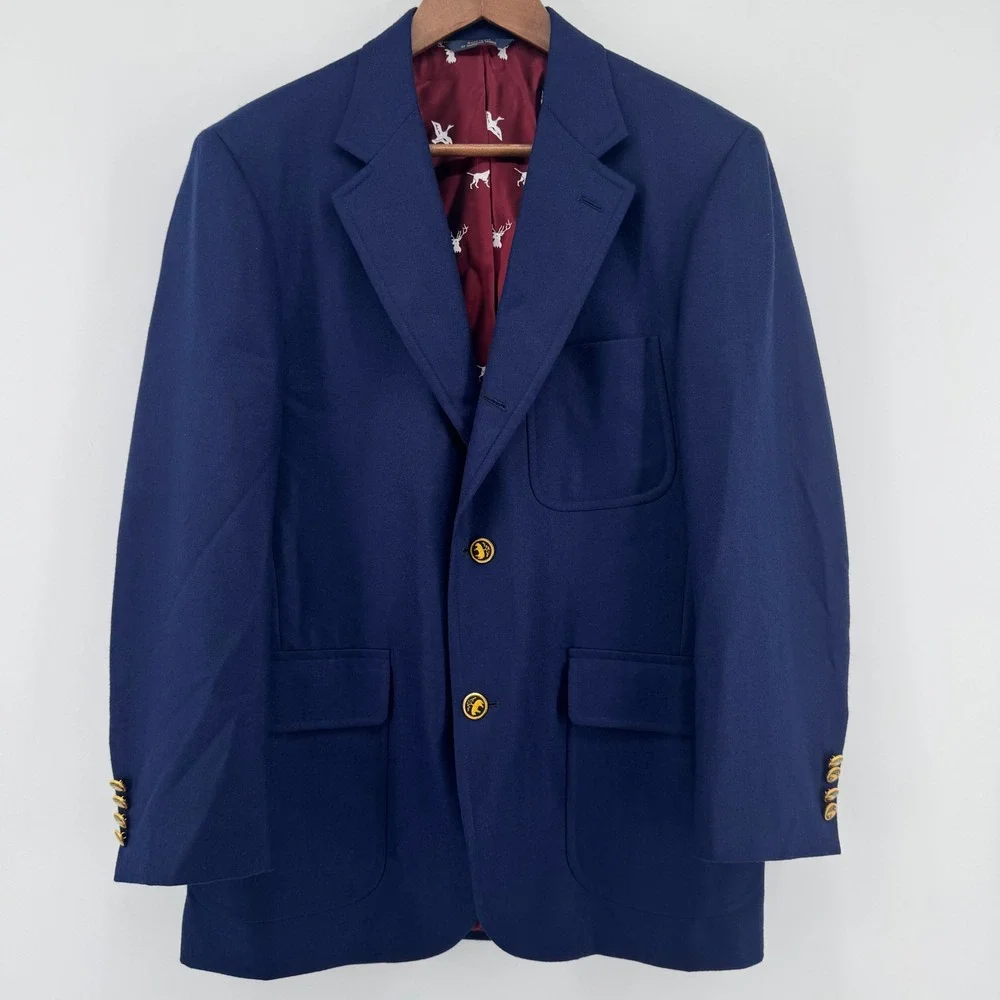 Brooks Brothers Blazer Mens 40S Navy Blue Cashmere Gold Crest Button Tailored